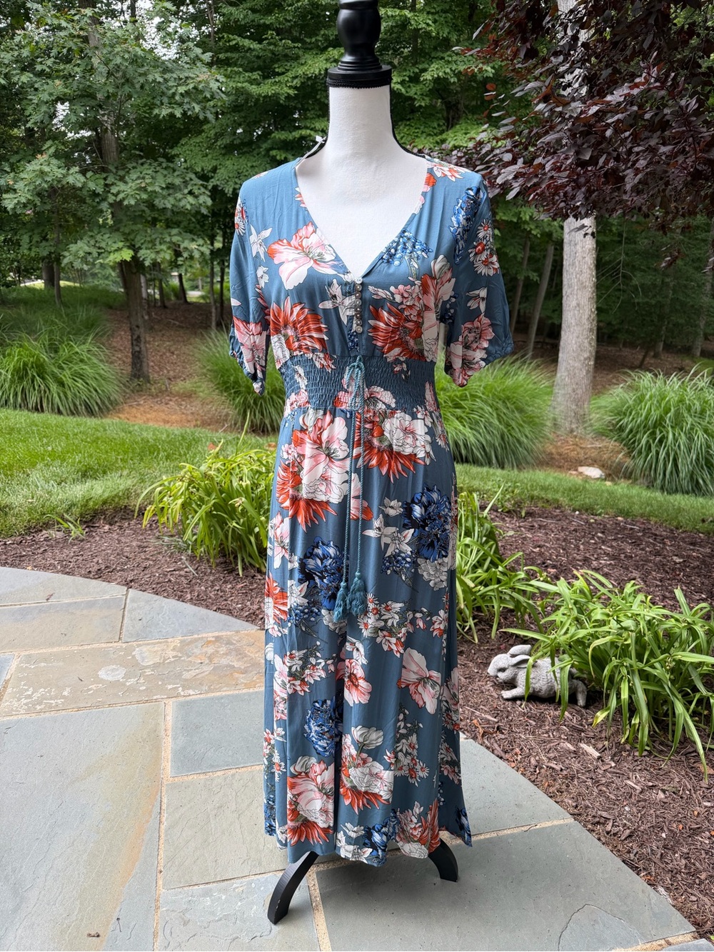 Floral Button Front Boho Maxi Dress in Dusty Blue